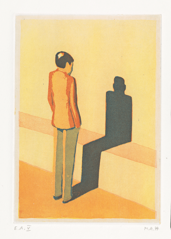 Raetz_Männliche Figur, ihren Schatten betrachtend, (Figure masculine considérant son ombre), 1977, Aquatinte en couleur, 210 × 146 mm