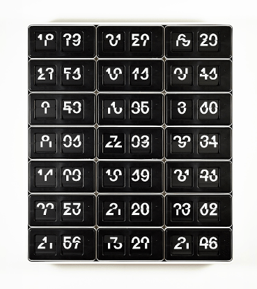 Darren Almond: Perfect Time, 2012  (© Darren Almond. Courtesy Galerie Xippas) English artist Darren Almond explores the effect of time on individuals. His assemblage of flip dials, with numbers cut in half that change every minute, produces a clock incapable of telling the right time. The irony of the title will not be missed. 