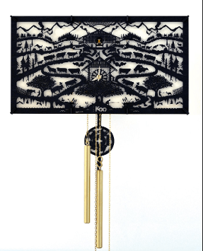 Martin d’Esposito, Alexandre Gaillard: Swiss Koo, Poya, 2014  (© Swiss Koo) Two former students of Lausanne University of Art and Design (ECAL), d'Esposito and Gaillard are behind the Swiss Koo cuckoo-clock manufacturer. They have revived this forgotten genre in a style that blends kitsch with an eye for design. "Poya" is when cows leave their stables and return to the mountain pastures for the summer months. This clock is also a nod at the Swiss tradition of découpage: silhouettes cut from paper which also served to record the number of cows a person owned.