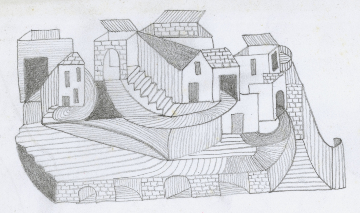 Jacqueline Fromenteau (1925-1976), French/Swiss, depicts architectures where roofs, facades and stairs blend together: untitled, undated black pencil on paper, 22 x 16 cm Photo : Caroline Smyrliadis, Adn-VdL Collection de l’Art Brut, Lausanne