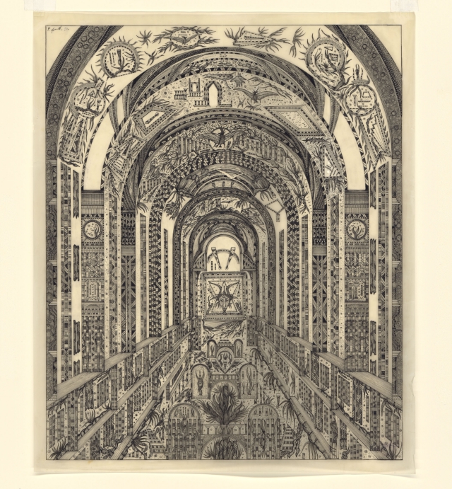 Patrick Gimel (1952), French, severely handicapped at birth, worked as a storeman: untitled, 1981 Indian ink on tracing paper, 57,8 x 47,5 cm Photo : Morgane Détraz, Adn-VdL Collection de l’Art Brut, Lausanne