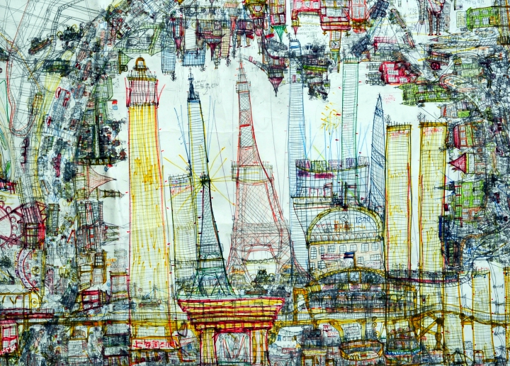 Norimitsu Kokubo (1995), Japanese, his drawings are like travelogues in imaginary cities: untitled (detail), undated, lead pencil and coloured pencil on paper, 58 x 43 cm, Collection de l’Art Brut, Lausanne